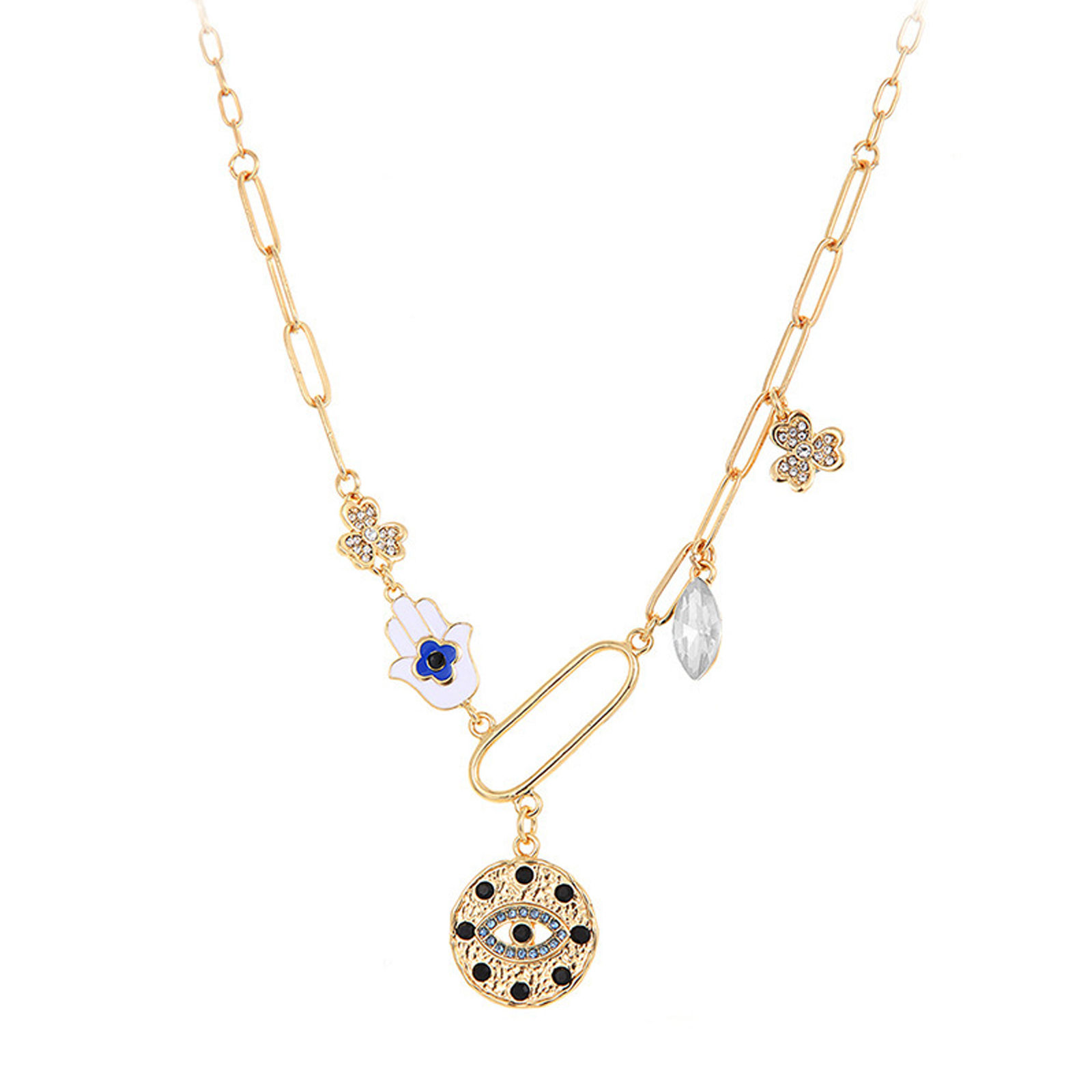 Evil Eye Necklace,Strand Necklace, Vintage Evil Eye Queen Elizabeth Bee Sun And Moon Medallion Necklace -B-1