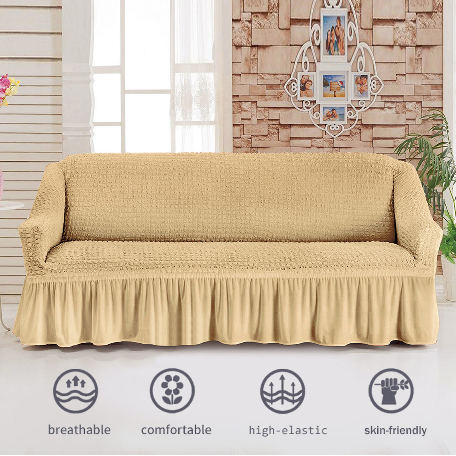 Stretch Sofa Slipcover, 3 Seater Sofa Slipcovers With Skirt With Armless Soft Sofa Cover Elastic Straps Sofa Slipcover For Living Room Kids Pets-Yellow A-Medium