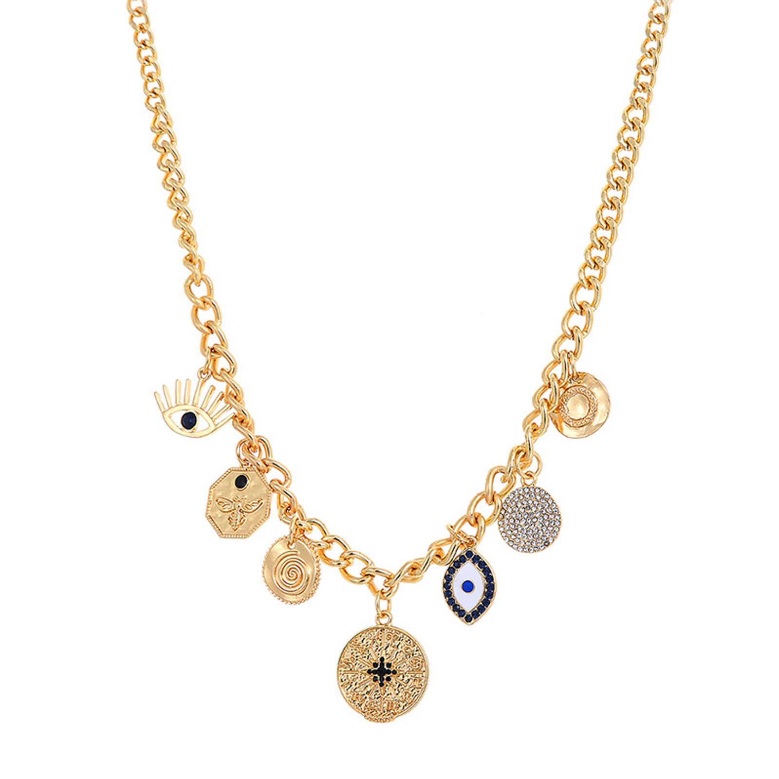 Evil Eye Necklace,Strand Necklace, Vintage Evil Eye Queen Elizabeth Bee Sun And Moon Medallion Necklace -C-1