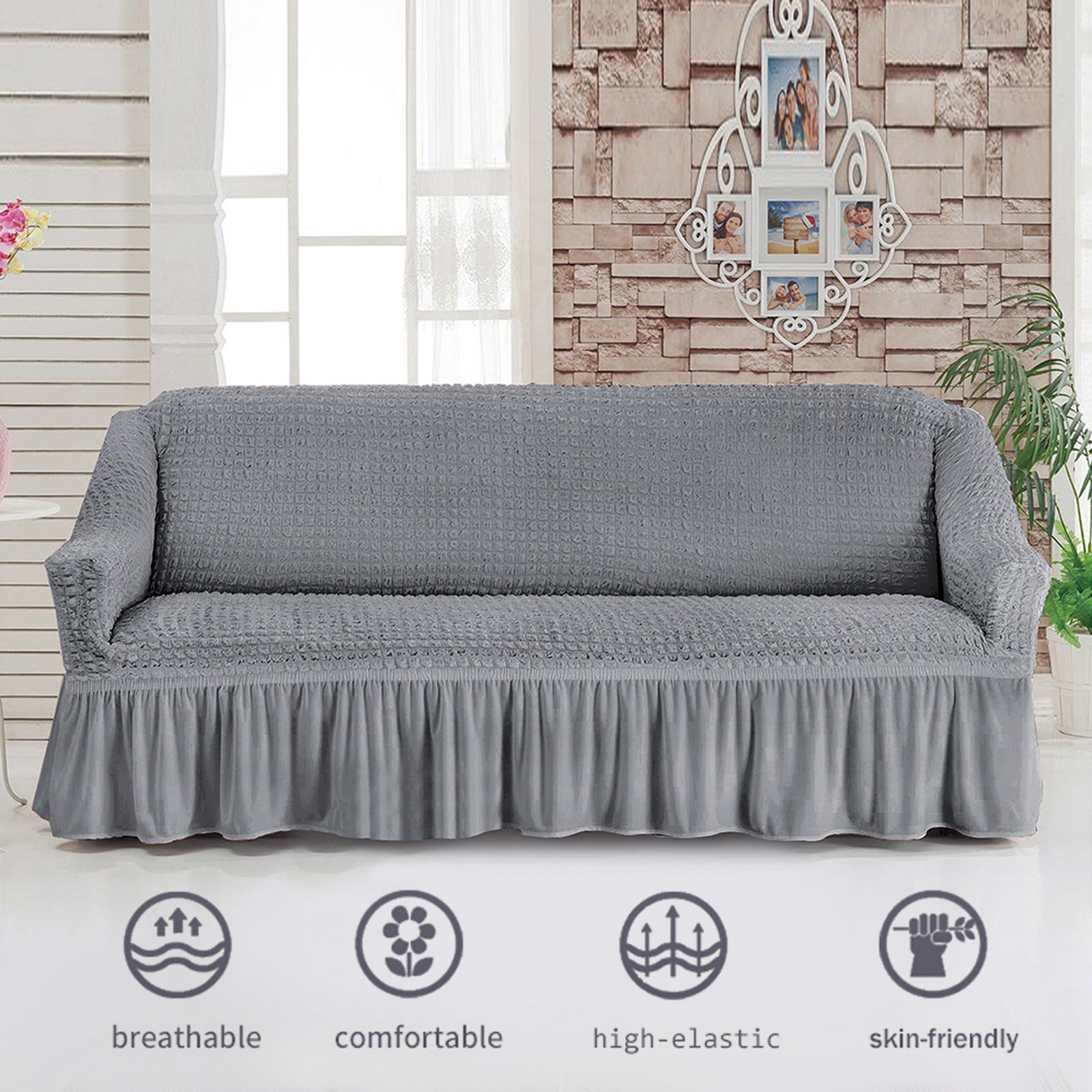 Stretch Sofa Slipcover, 3 Seater Sofa Slipcovers With Skirt With Armless Soft Sofa Cover Elastic Straps Sofa Slipcover For Living Room Kids Pets-Gray B-X-Large