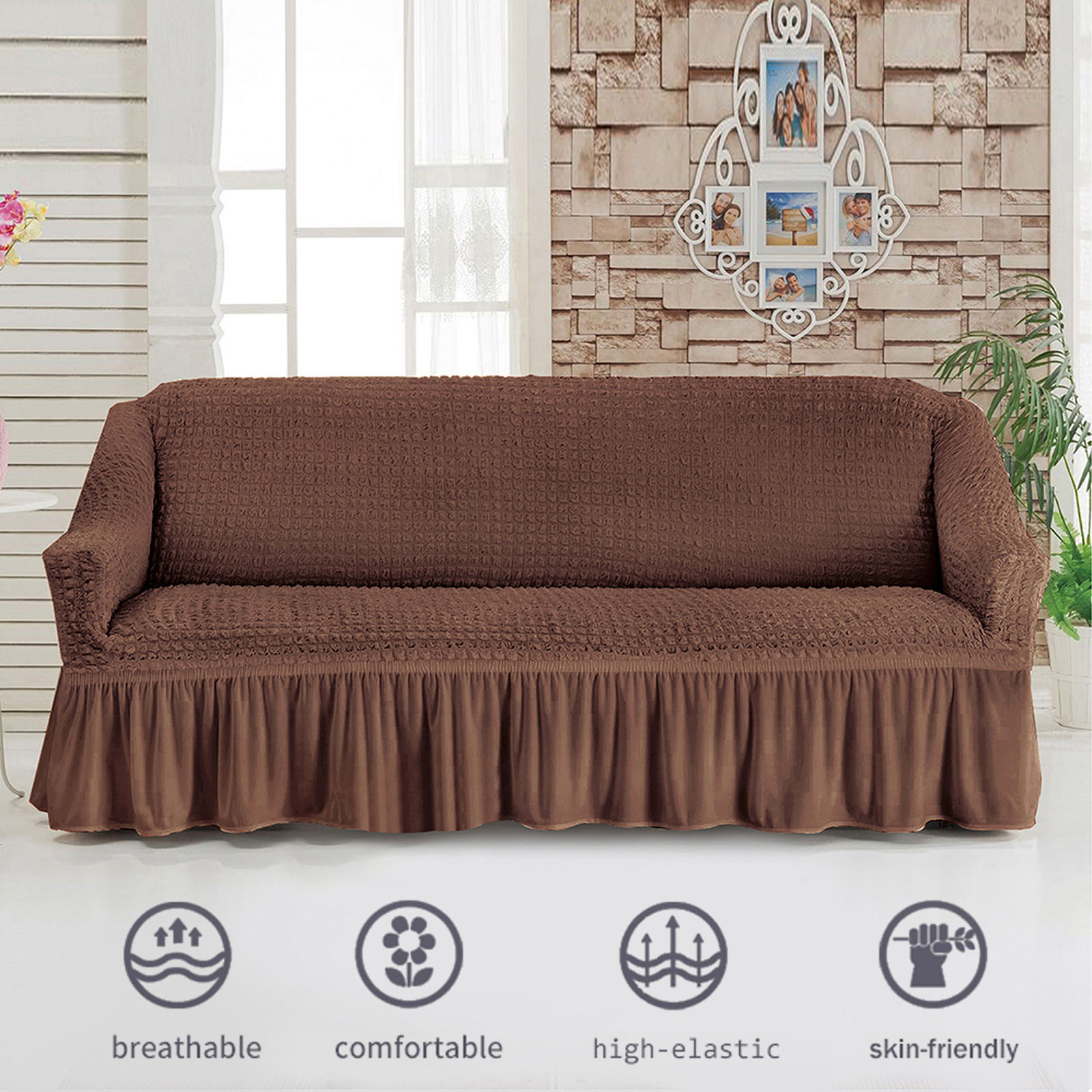 Stretch Sofa Slipcover, 3 Seater Sofa Slipcovers With Skirt With Armless Soft Sofa Cover Elastic Straps Sofa Slipcover For Living Room Kids Pets-Brown B-Small