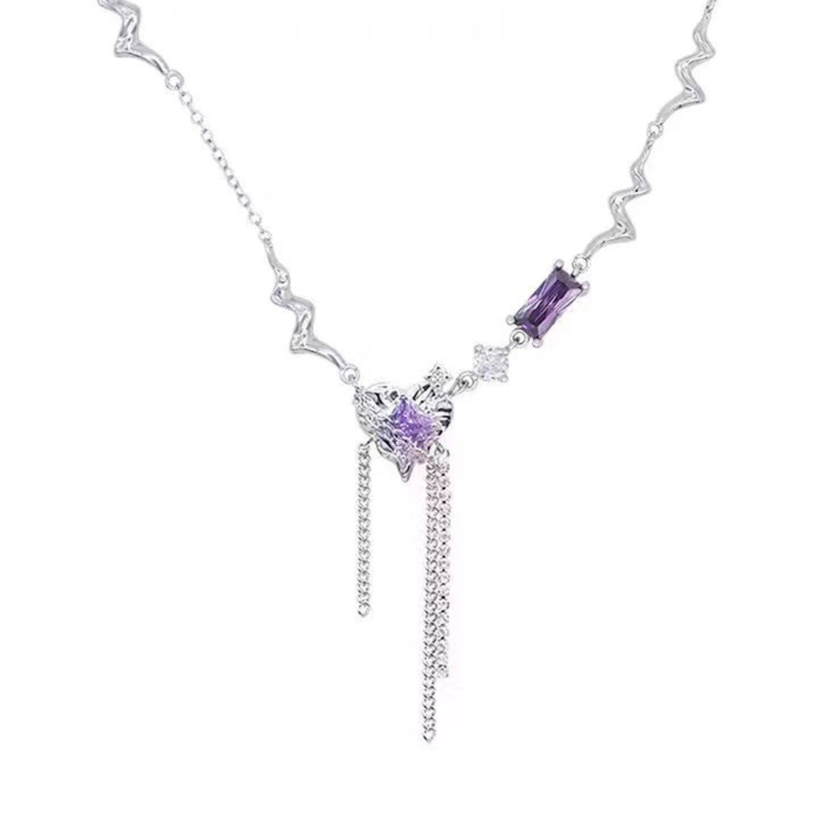 Heart With Beat Long Tassel Metal Zircon Drop Necklace, Y2k Necklace, Hot Girl's Necklace-Purple Heart-1