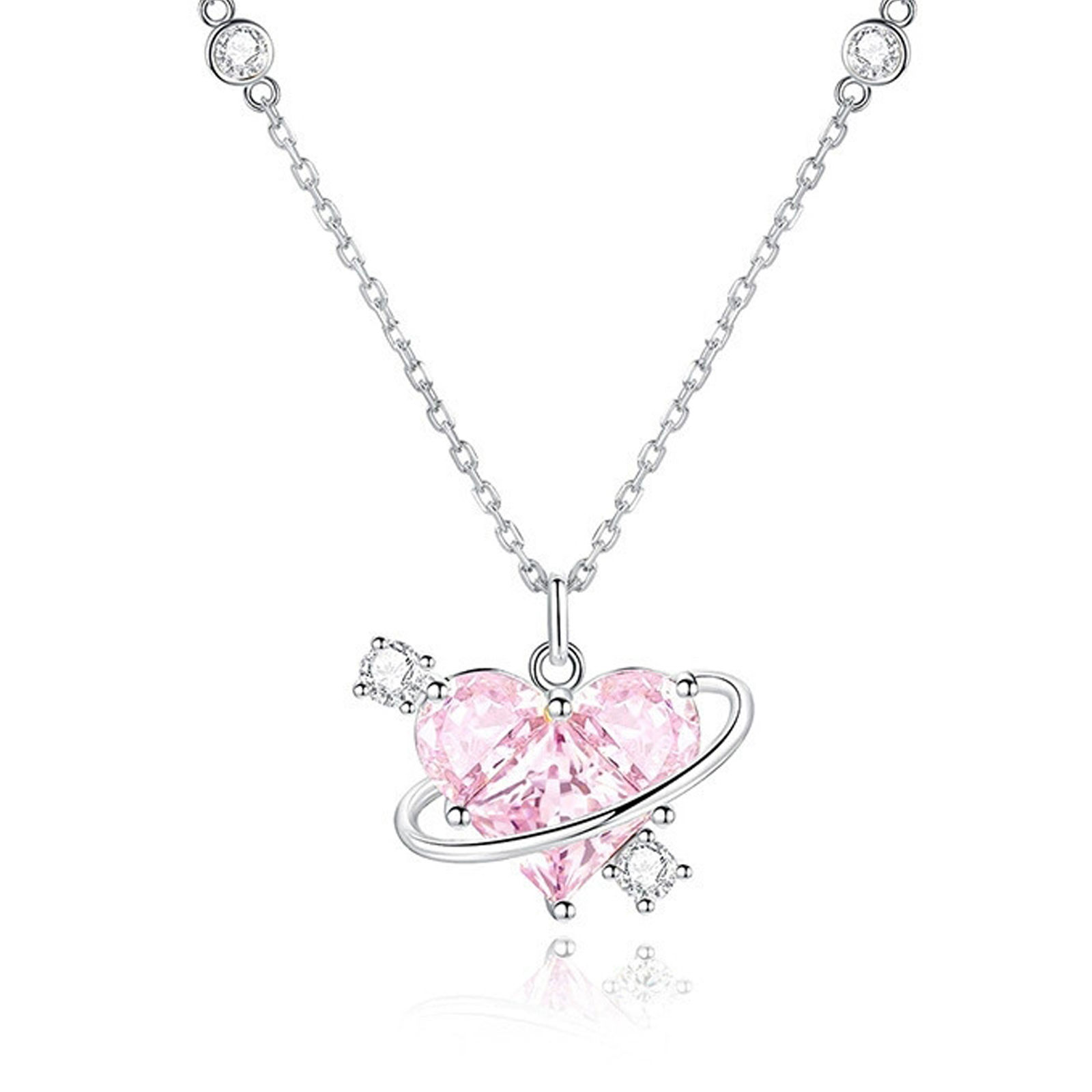 Pink Heart Y2k Necklaces, Punk Heart Saturn Necklace, Hot Pink Clear Crystal Rhinestones Necklaces-Pink Love Planet-1