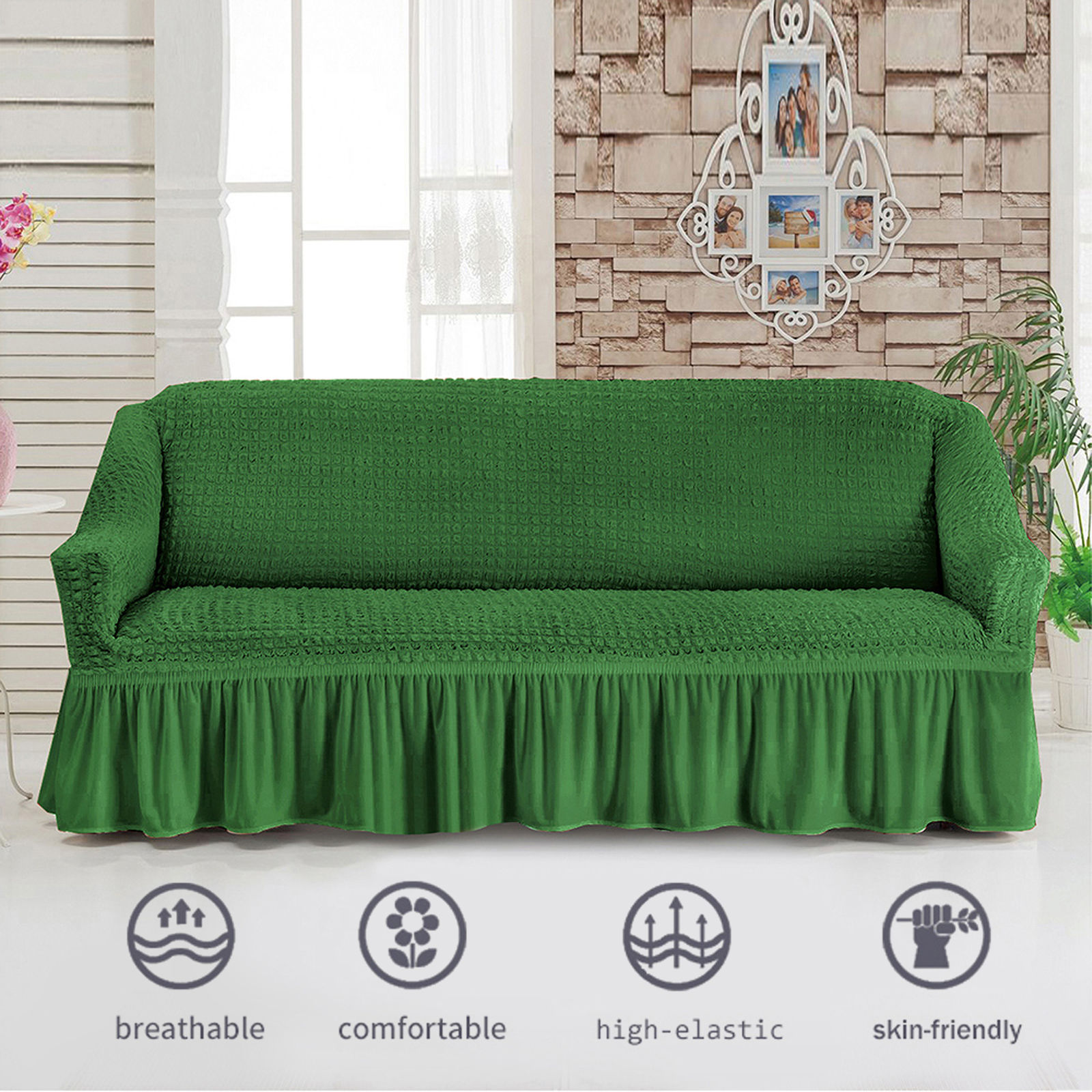 Stretch Sofa Slipcover, 3 Seater Sofa Slipcovers With Skirt With Armless Soft Sofa Cover Elastic Straps Sofa Slipcover For Living Room Kids Pets-Green A-Medium
