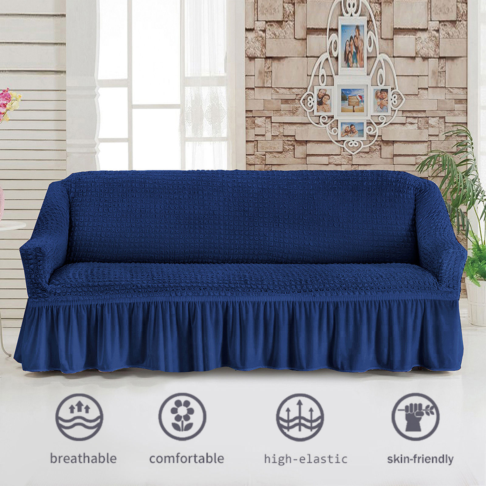 Stretch Sofa Slipcover, 3 Seater Sofa Slipcovers With Skirt With Armless Soft Sofa Cover Elastic Straps Sofa Slipcover For Living Room Kids Pets-blue-Large
