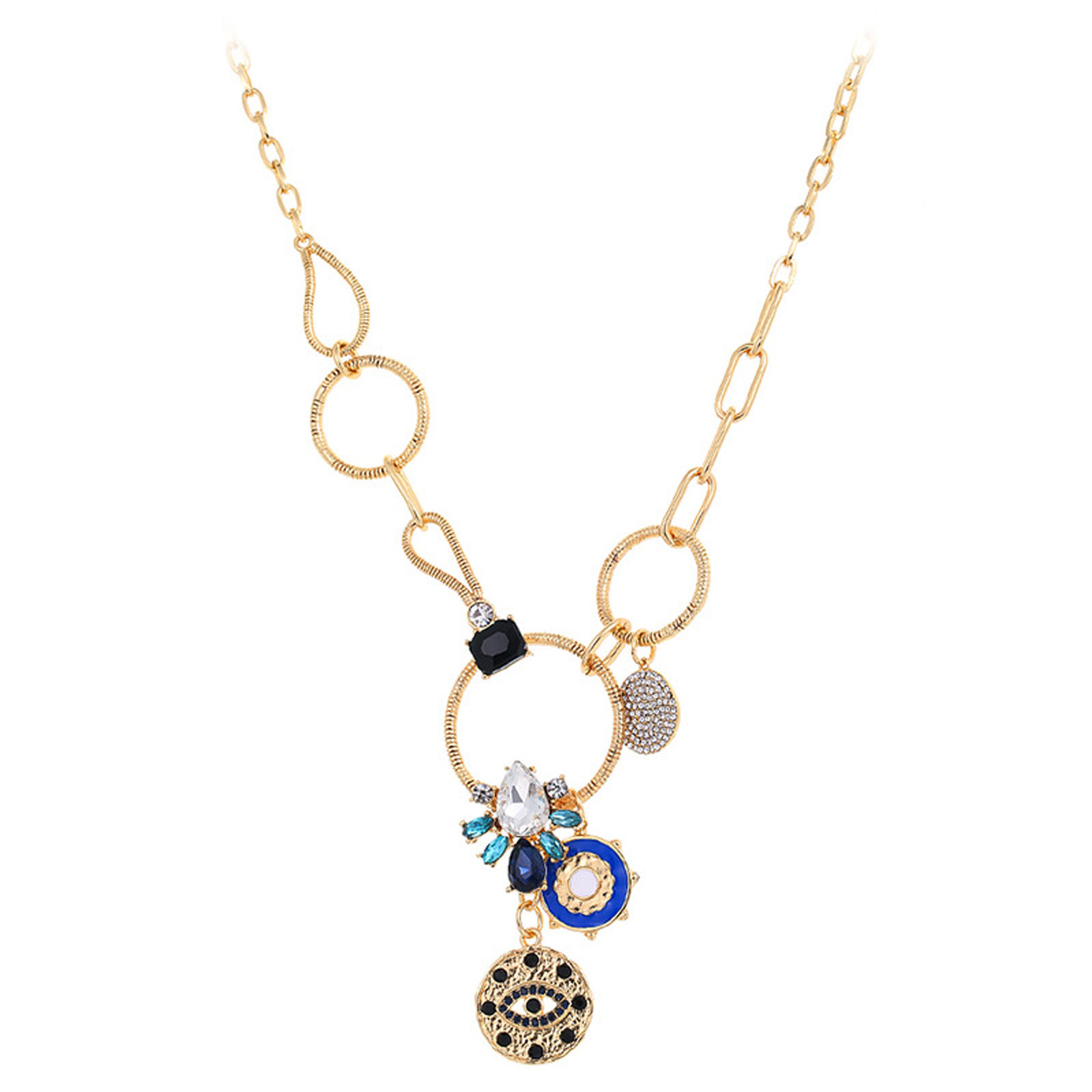 Evil Eye Necklace,Strand Necklace, Vintage Evil Eye Queen Elizabeth Bee Sun And Moon Medallion Necklace -A-1