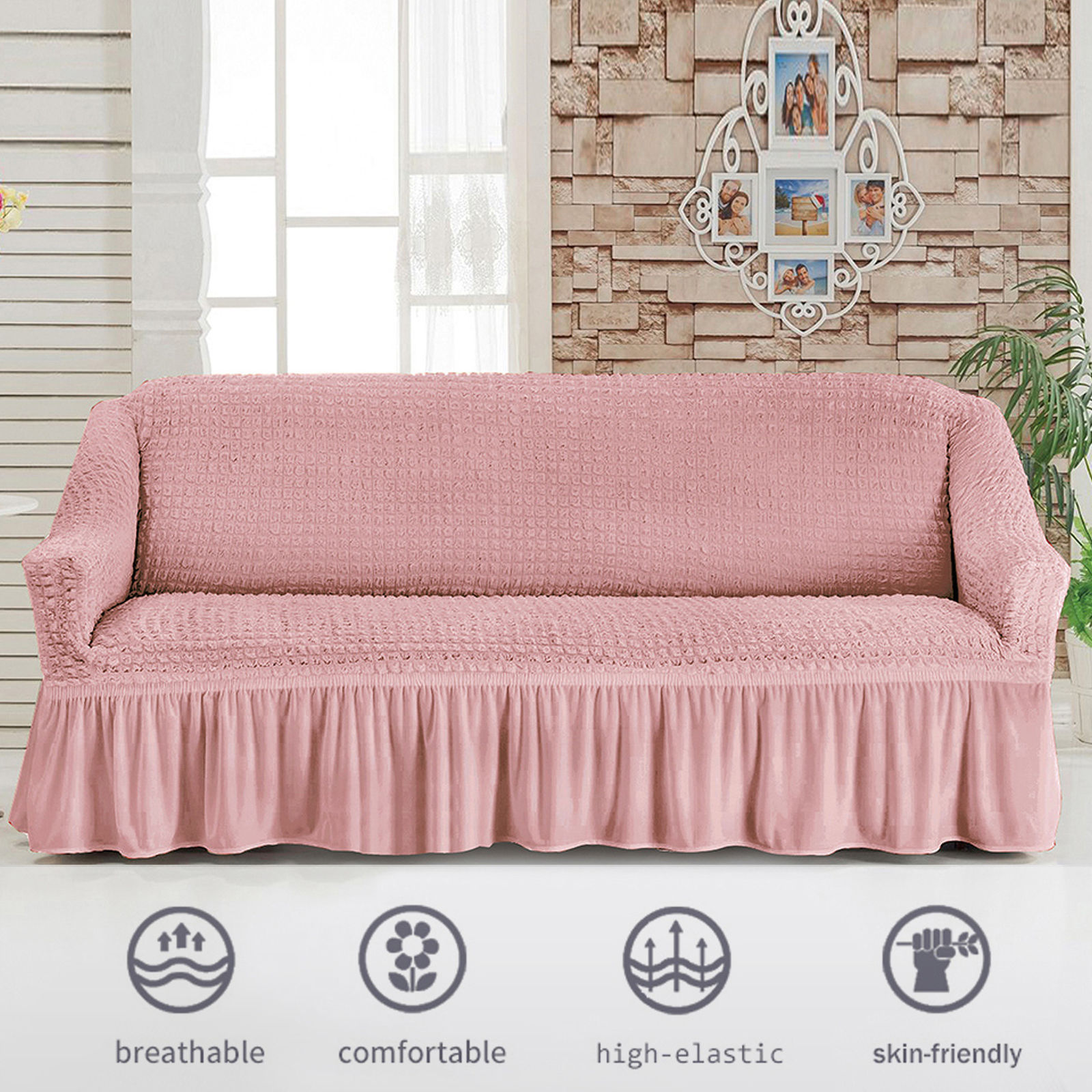 Stretch Sofa Slipcover, 3 Seater Sofa Slipcovers With Skirt With Armless Soft Sofa Cover Elastic Straps Sofa Slipcover For Living Room Kids Pets-Pink-Medium