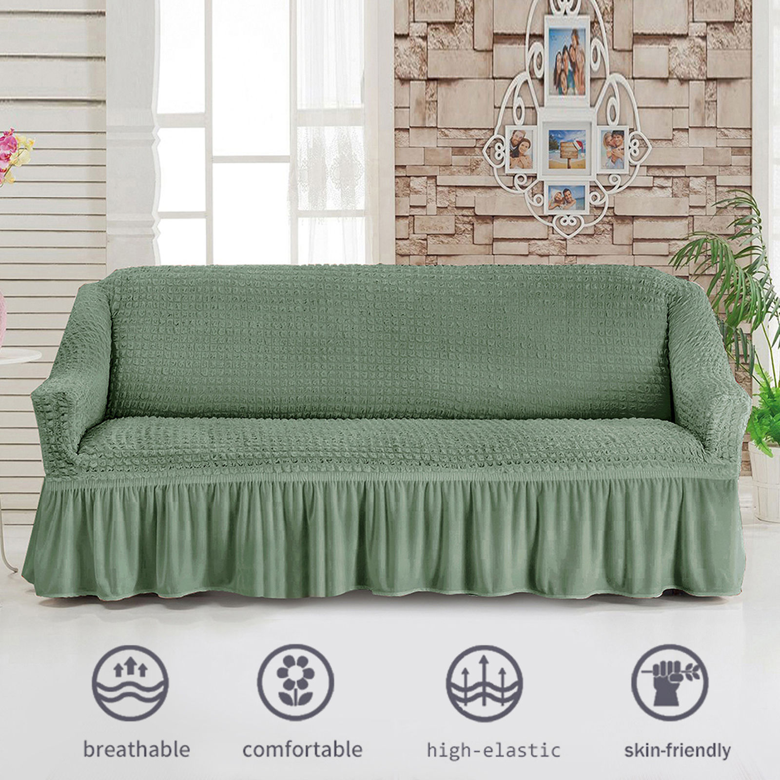 Stretch Sofa Slipcover, 3 Seater Sofa Slipcovers With Skirt With Armless Soft Sofa Cover Elastic Straps Sofa Slipcover For Living Room Kids Pets-Green B-Large