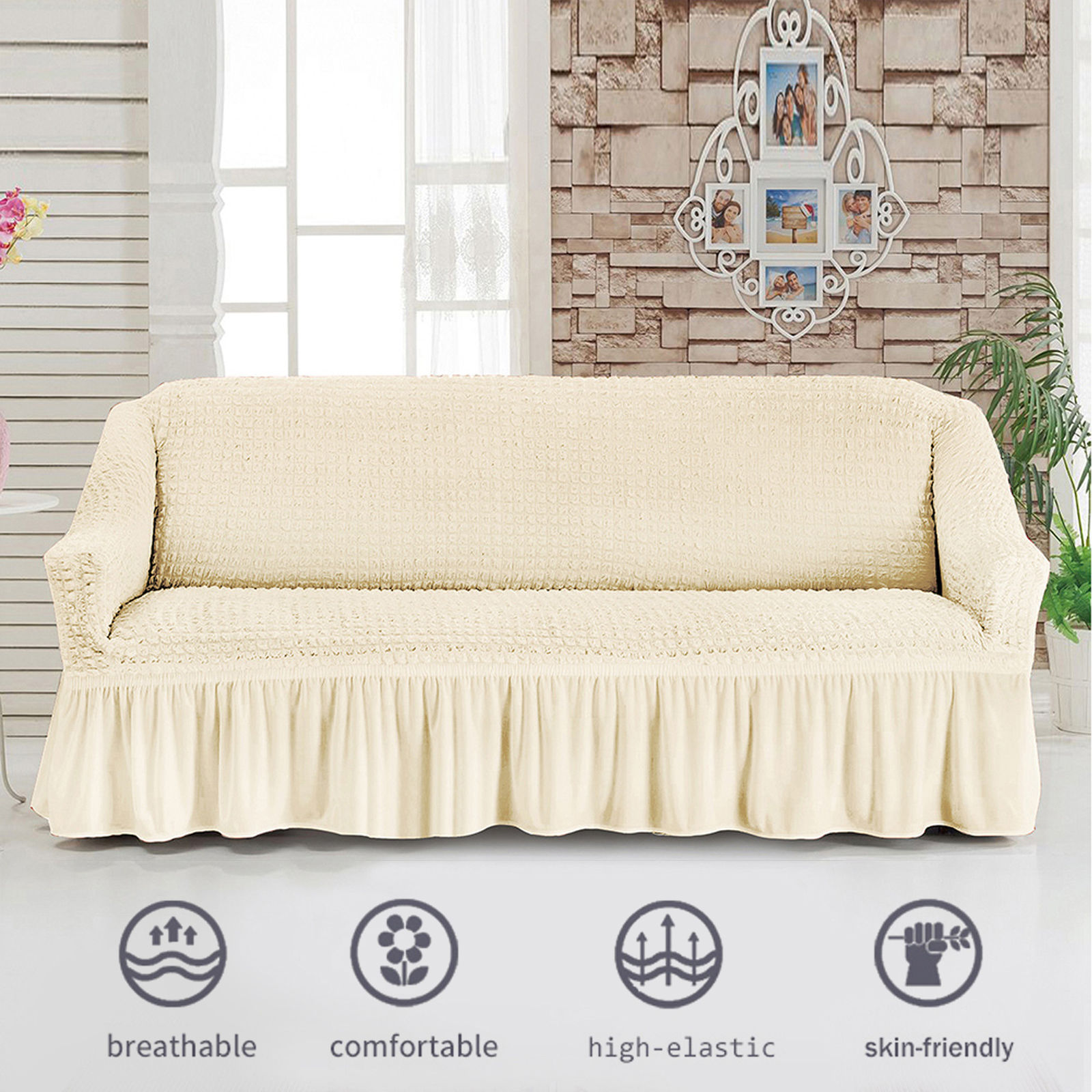 Stretch Sofa Slipcover, 3 Seater Sofa Slipcovers With Skirt With Armless Soft Sofa Cover Elastic Straps Sofa Slipcover For Living Room Kids Pets-white-Small