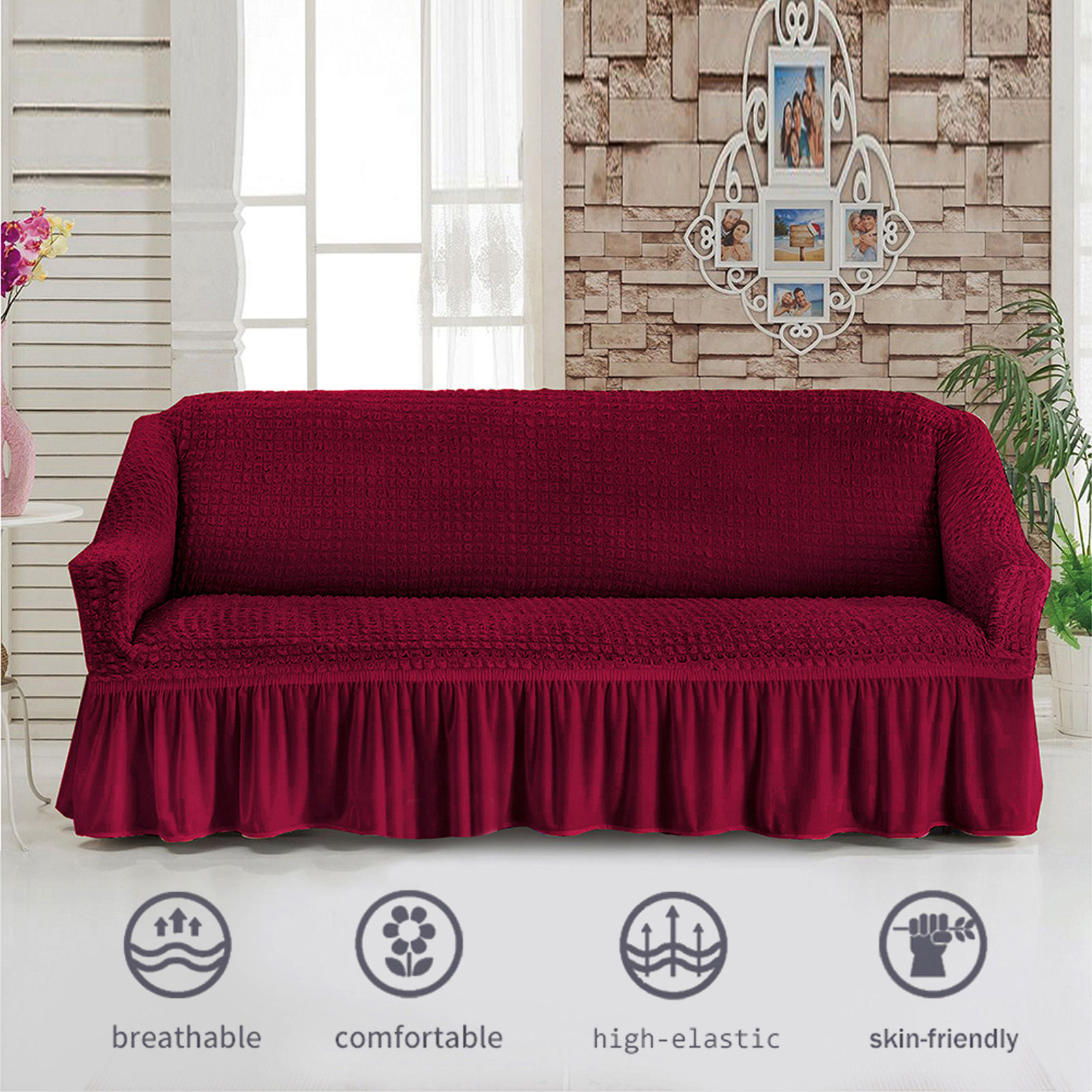 Stretch Sofa Slipcover, 3 Seater Sofa Slipcovers With Skirt With Armless Soft Sofa Cover Elastic Straps Sofa Slipcover For Living Room Kids Pets-red-Medium